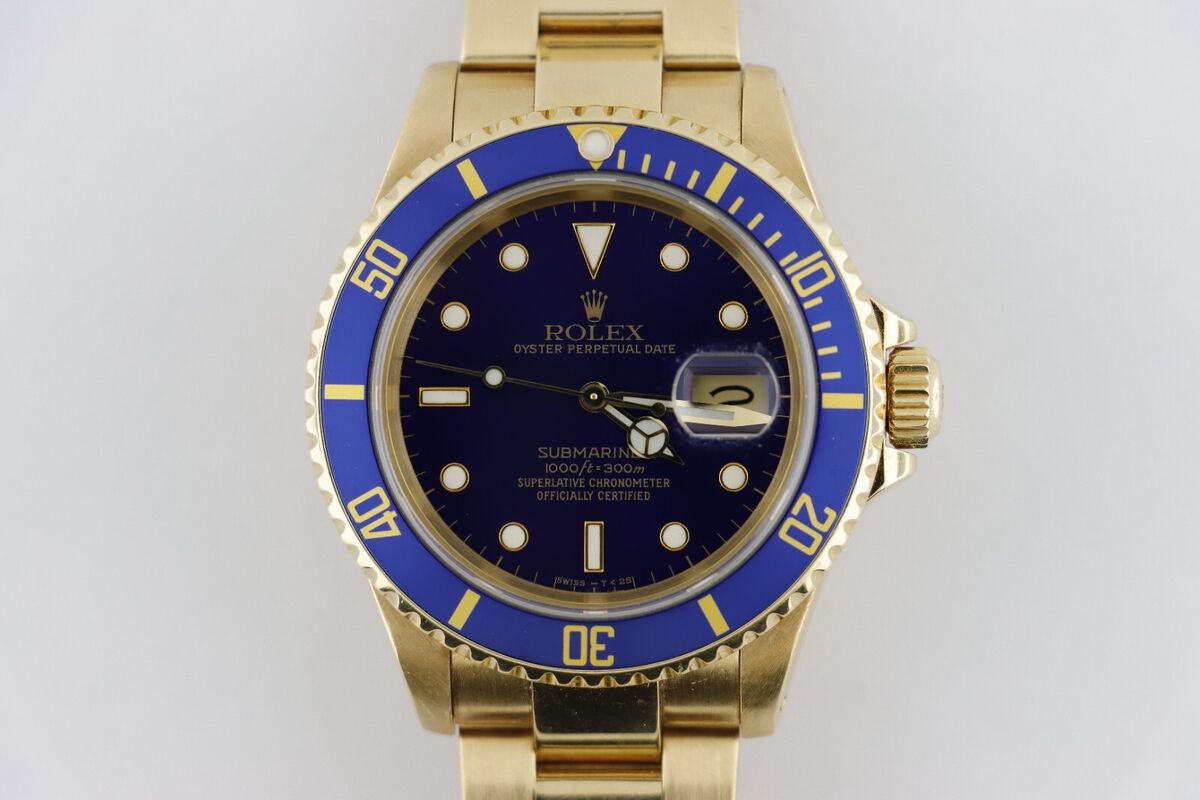 16618 Rolex Submariner Blue Dial Mens 18K Gold Watch