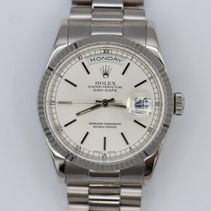 Rolex Day-Date 118239 Silver Stick Dial 18K White Gold President Heavy Clasp