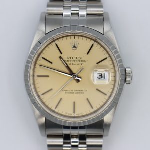 Rolex Datejust 16220 Silver Faded Stick Dial Jubilee Band Engine Turned Bezel