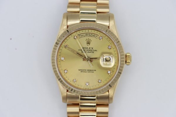 Rolex Day-Date 18038 Champagne Diamond Dial President 18K Yellow Gold Circa 1985