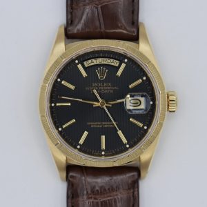 Rolex Day-Date 18078 Black Tapestry Dial 18K Brown Leather Strap Circa 1988