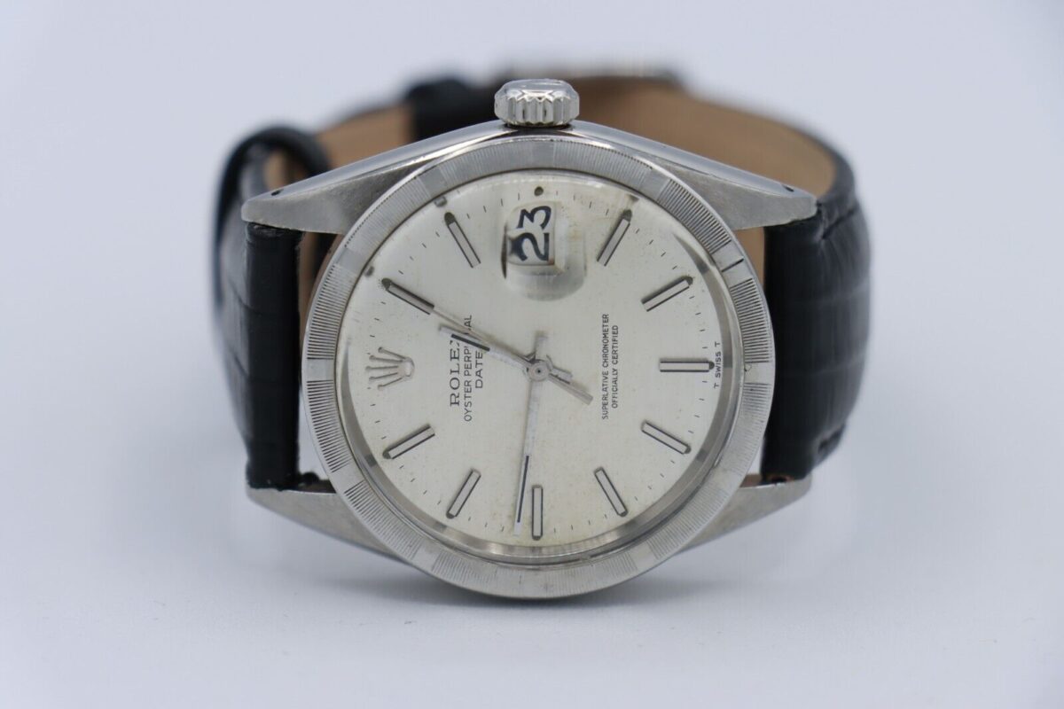 Rolex Date 1501 Silver Linen Dial 34mm Engine Turned Bezel Leather Strap - Image 5