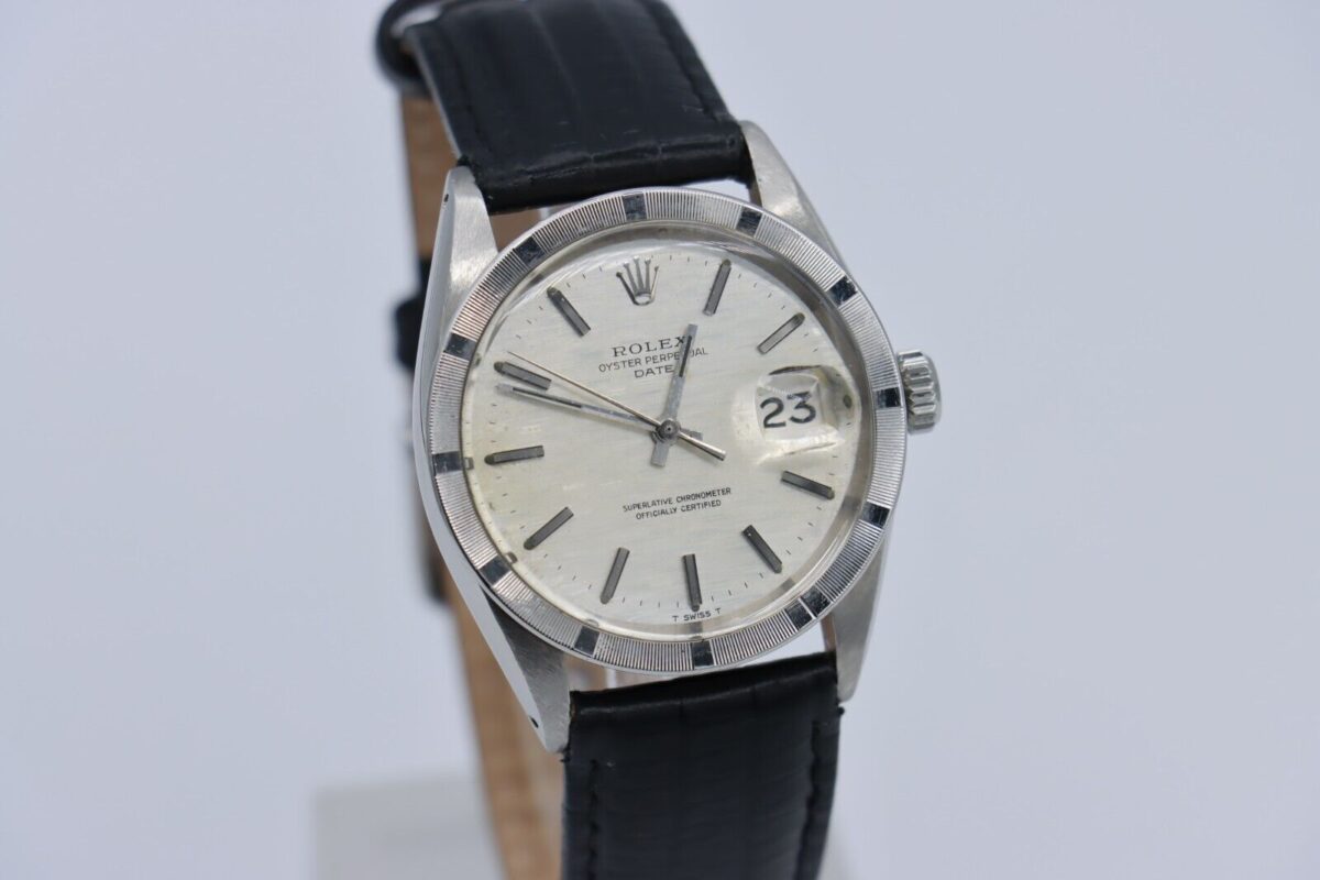 Rolex Date 1501 Silver Linen Dial 34mm Engine Turned Bezel Leather Strap - Image 9