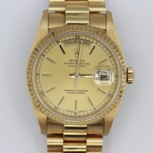 Rolex Day-Date 18238 Champagne Stick Dial 18K President Box & Papers Circa 1989
