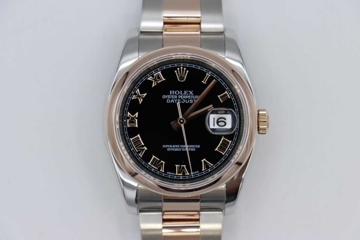 Rolex Datejust 116201 Black Roman Dial Oyster Band Two-Tone Everose Circa 2007