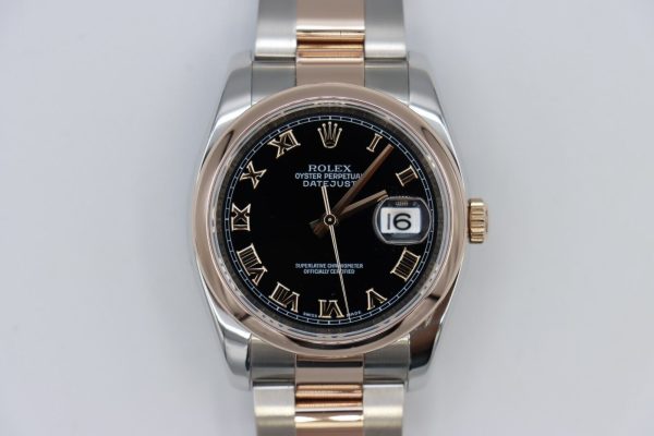 Rolex Datejust 116201 Black Roman Dial Oyster Band Two-Tone Everose Circa 2007