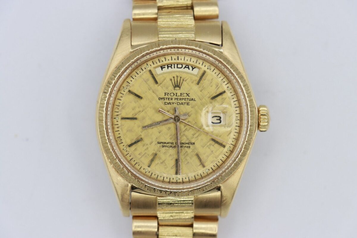 Rolex Day-Date 1807 Champagne Linen Dial 18K Barked President Circa 1972