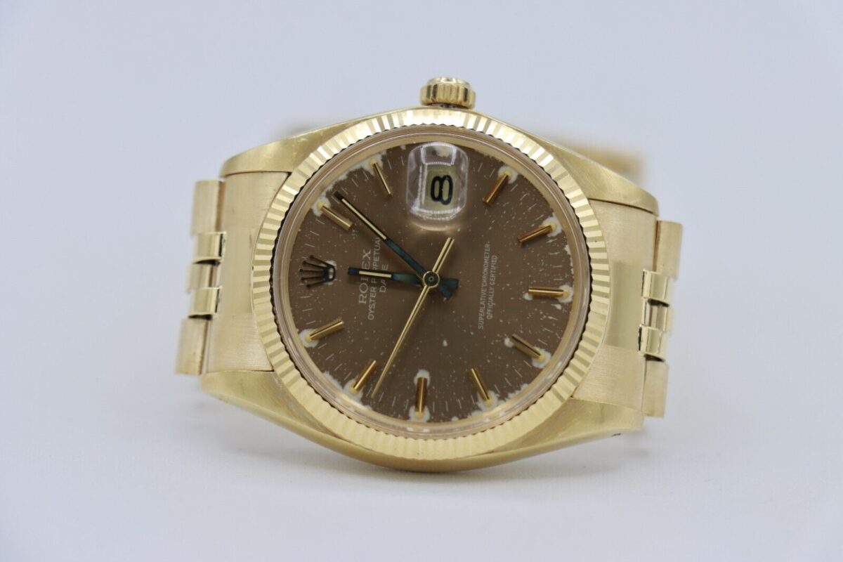 Rolex Date 1503 Tropical Champagne Stick Dial 18K Yellow Gold Jubilee Band 34mm - Image 5