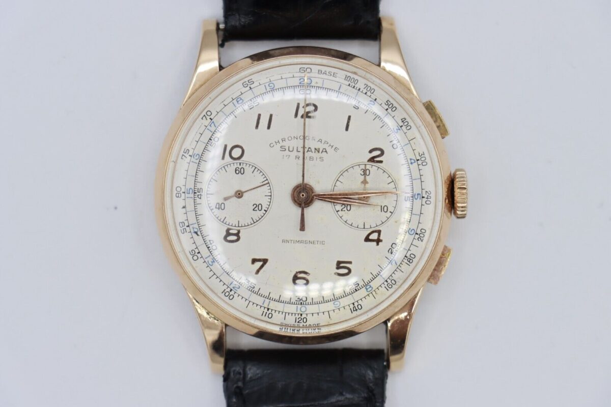 Vintage Sultana Chronograph 3910 Silver Dial 18K Rose Gold Leather Strap 38mm