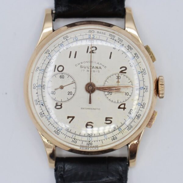 Vintage Sultana Chronograph 3910 Silver Dial 18K Rose Gold Leather Strap 38mm