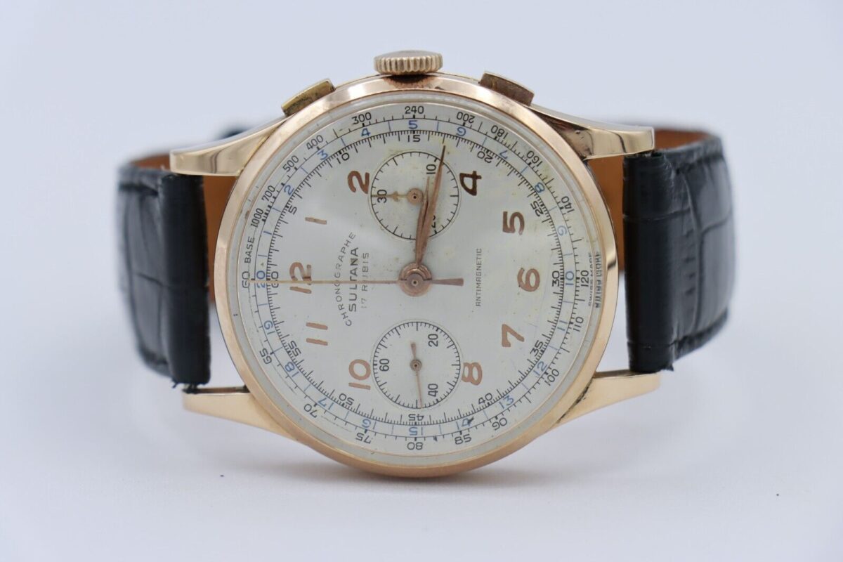Vintage Sultana Chronograph 3910 18K Rose Gold Manual Wind Leather Strap 38mm - Image 5