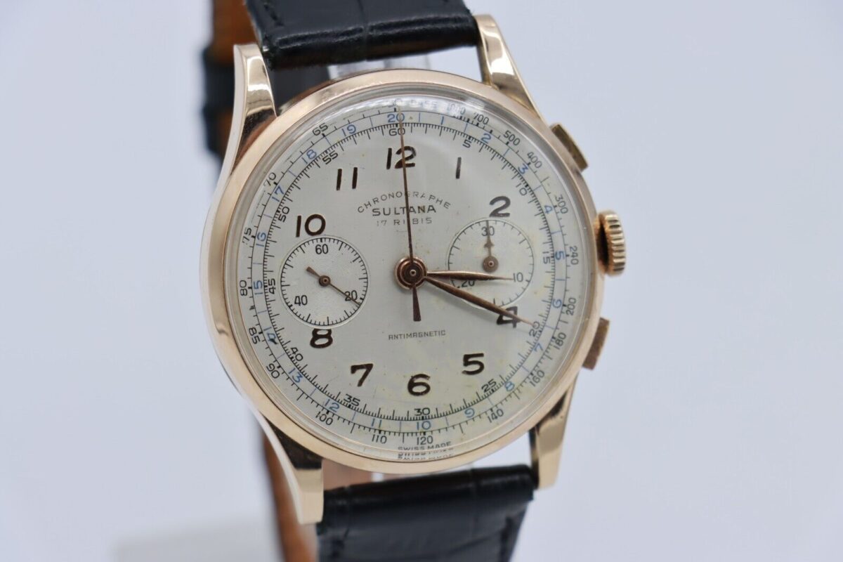 Vintage Sultana Chronograph 3910 18K Rose Gold Manual Wind Leather Strap 38mm - Image 9