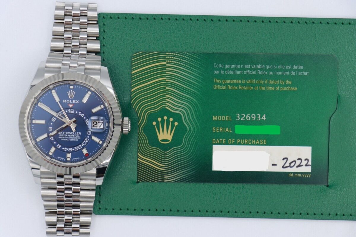 Rolex Sky-Dweller 326934 Blue Index Dial Jubilee Band 42mm Box & Papers Year 2022