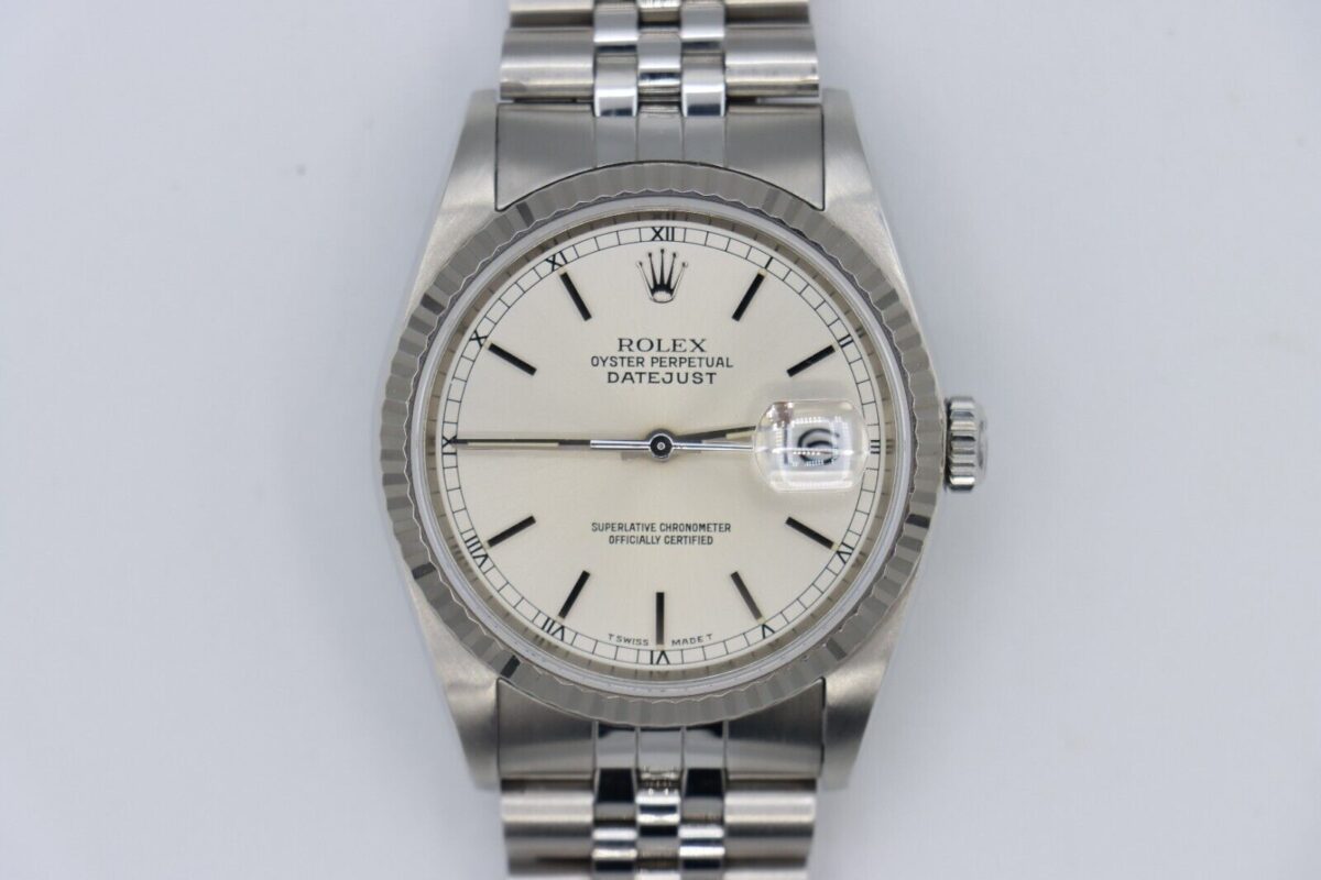 Rolex Datejust 16234 Silver Stick Dial Jubilee Band Fluted Bezel Circa 1989