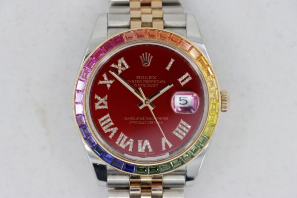 Rolex Datejust 41 126331 Red Pave Diamond Roman Dial Rainbow Bezel Jubilee Band