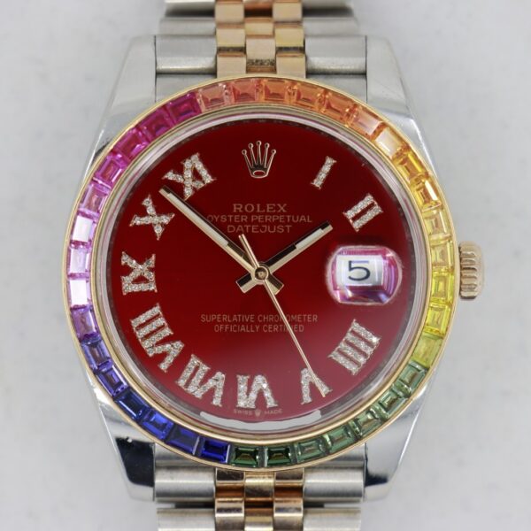 Rolex Datejust 41 126331 Red Pave Diamond Roman Dial Rainbow Bezel Jubilee Band