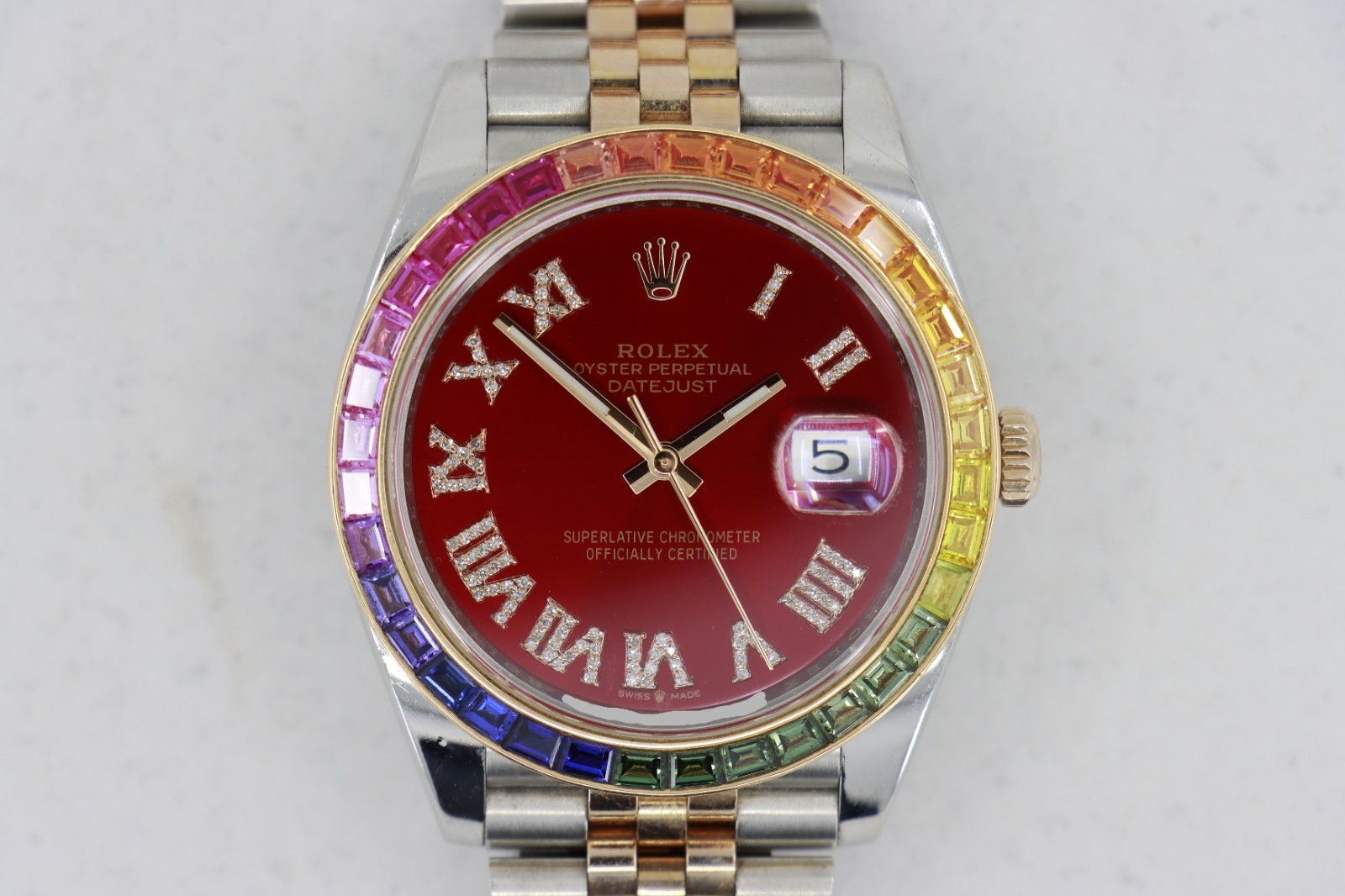 Rolex Datejust 41 126331 Red Pave Diamond Roman Dial Rainbow Bezel Jubilee Band