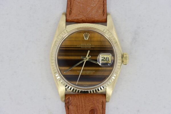 Rolex Datejust 1601/8 Tiger Eye Dial 18K Yellow Gold Leather Strap Circa 1976