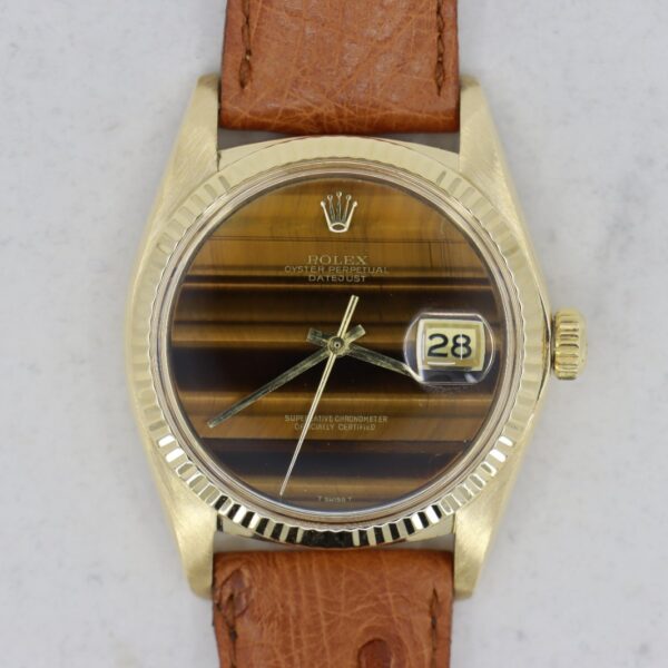 Rolex Datejust 1601/8 Tiger Eye Dial 18K Yellow Gold Leather Strap Circa 1976