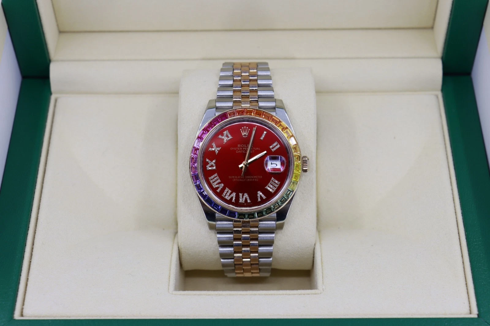 Rolex Datejust 41 126331 Red Pave Diamond Roman Dial Rainbow Bezel Jubilee Band - Image 10