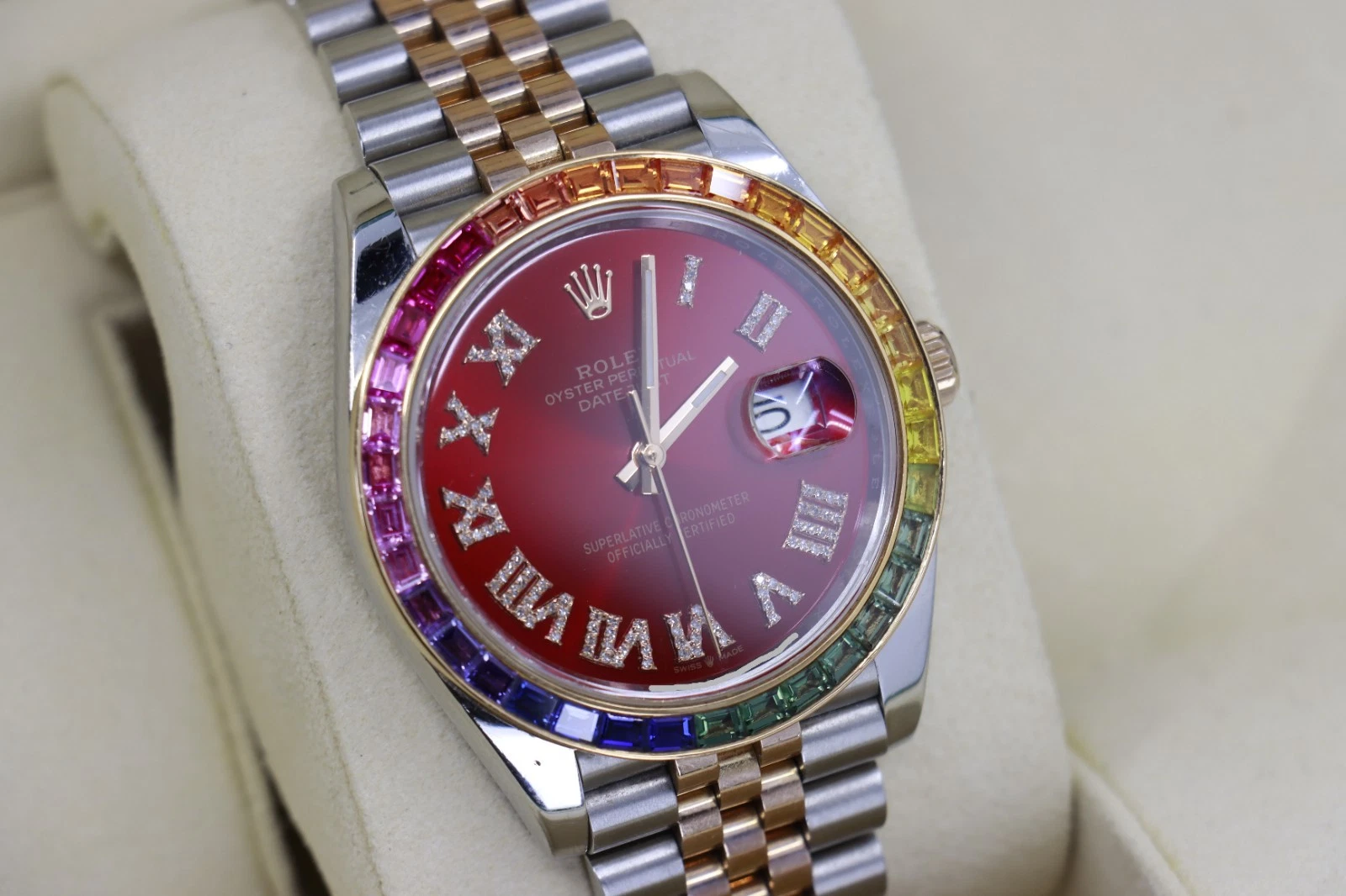 Rolex Datejust 41 126331 Red Pave Diamond Roman Dial Rainbow Bezel Jubilee Band - Image 9