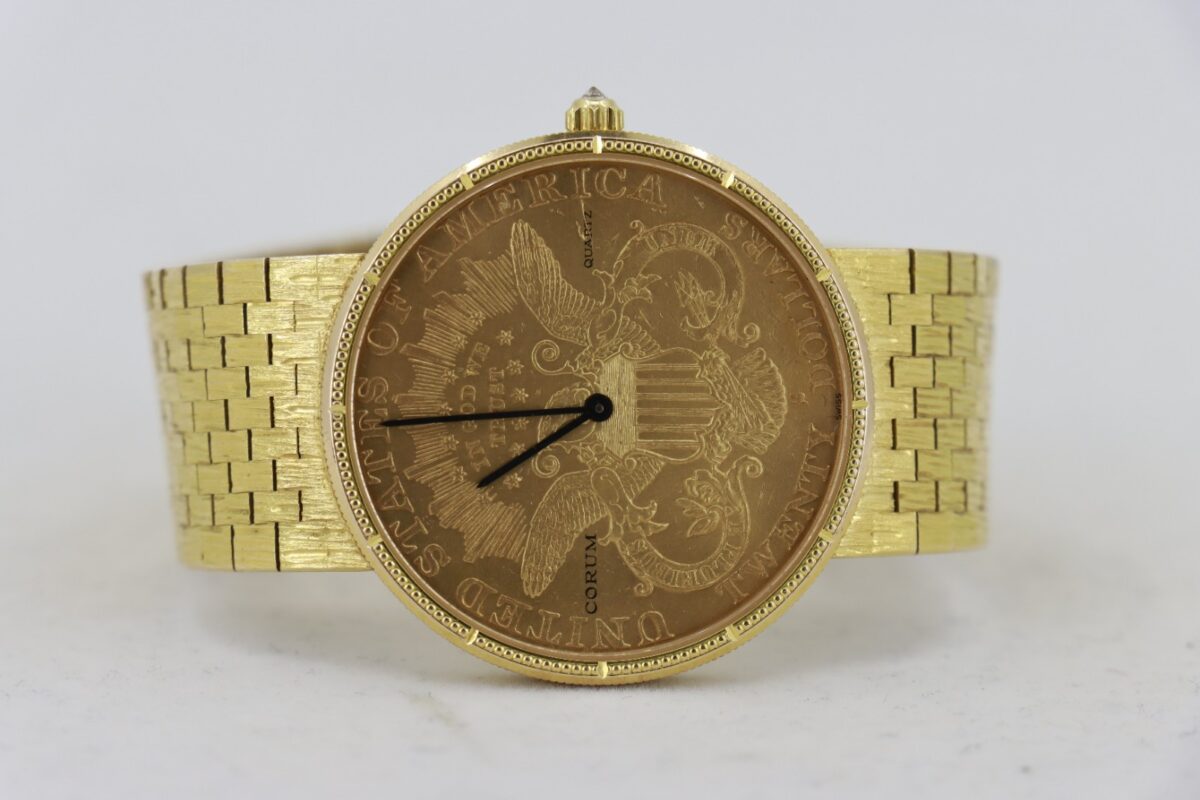 Corum 20 Dollar Coin Watch 18K Yellow Gold Barked Mesh Band Quartz